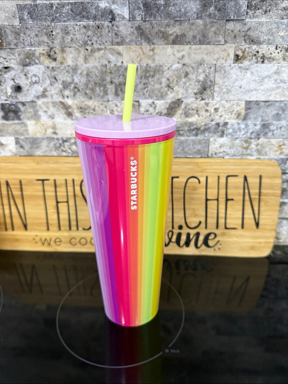 Starbucks Rainbow Stripe Tumbler with Pink Lid and Lime Straw